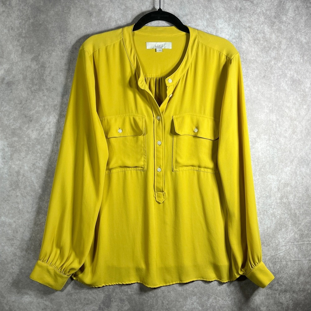 Loft Henley Utility Blouse Womens Medium Yellow Long Sleeves Casual Career